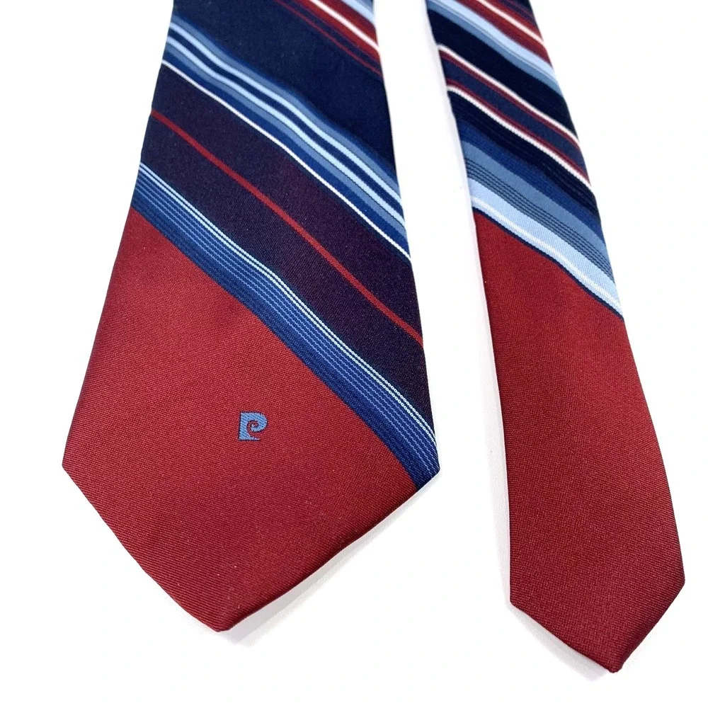Vintage Pierre Cardin Mens Tie Blue w/ Maroon-White Stripe Design 100% Poly Logo